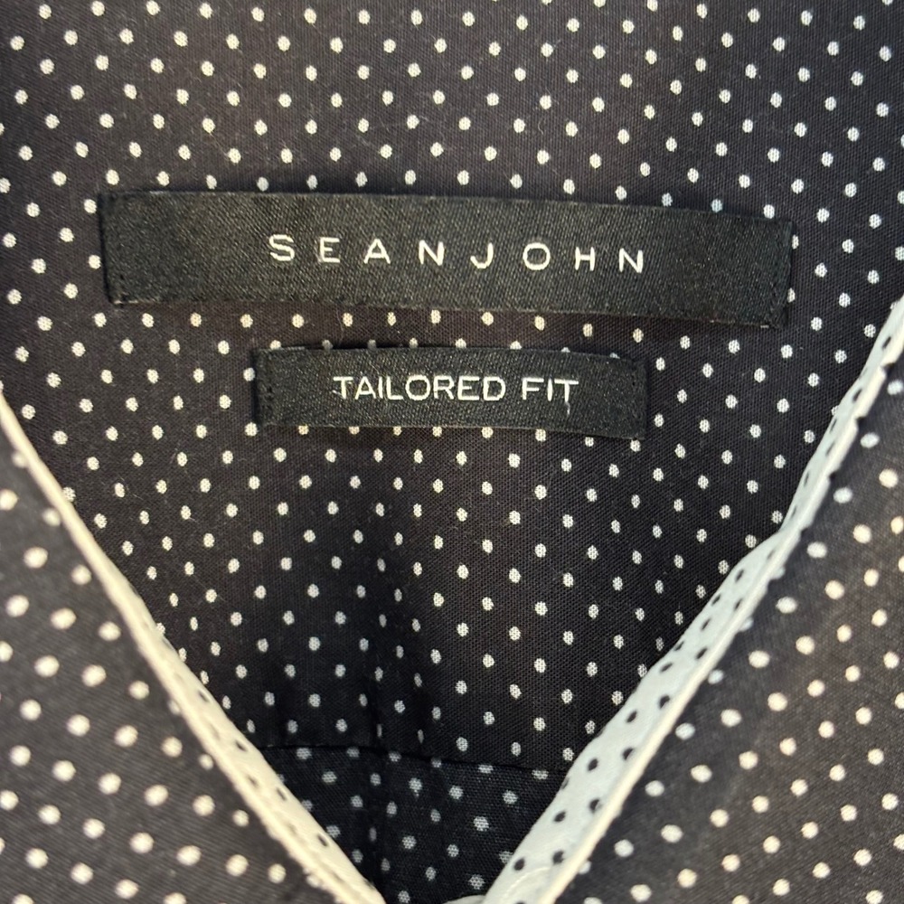 Sean John Men Black White Polka Dot Tailored Fit Button Down Shirt 22 37/38 Tall - Picture 2 of 7